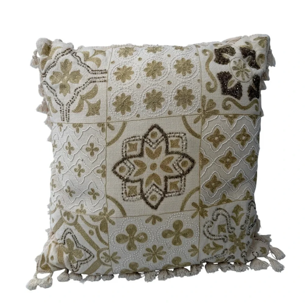 Beaded Throw Pillow Square Cotton Gold Cream Boho Tassel Accent Cushion 18x18